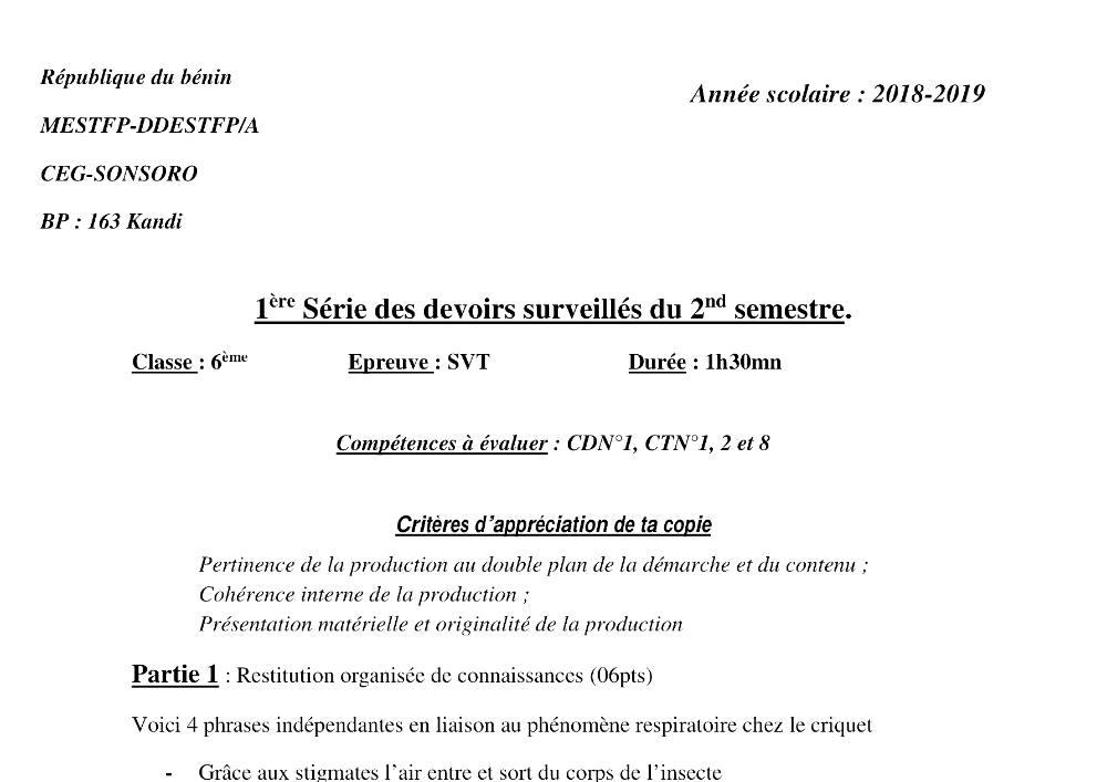 Aperçu de la première page — SVT 6e 1er Devoir 2ème Semestre CEG Sonsoro 2018 2019