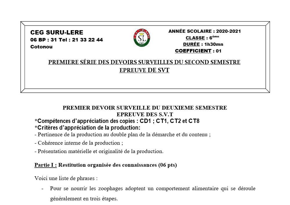 Aperçu de la première page — SVT 6e 1er Devoir 2ème Semestre CEG Suru Léré 2020 2021