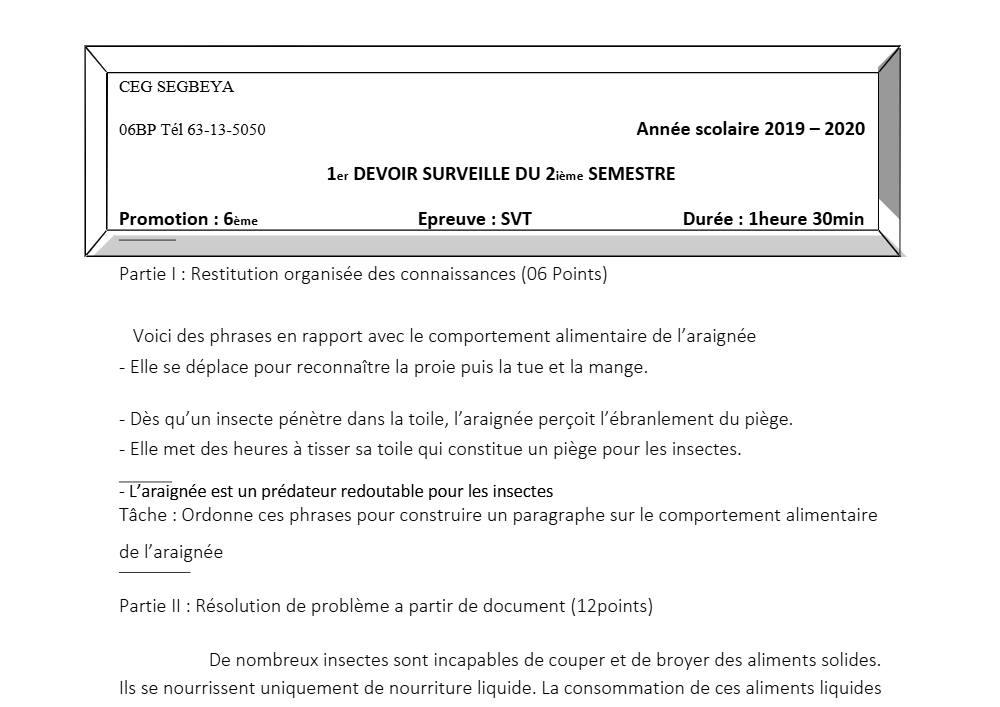 Aperçu de la première page — SVT 6e 1er Devoir 2ème Semestre CEG Ségbéya 2019 2020
