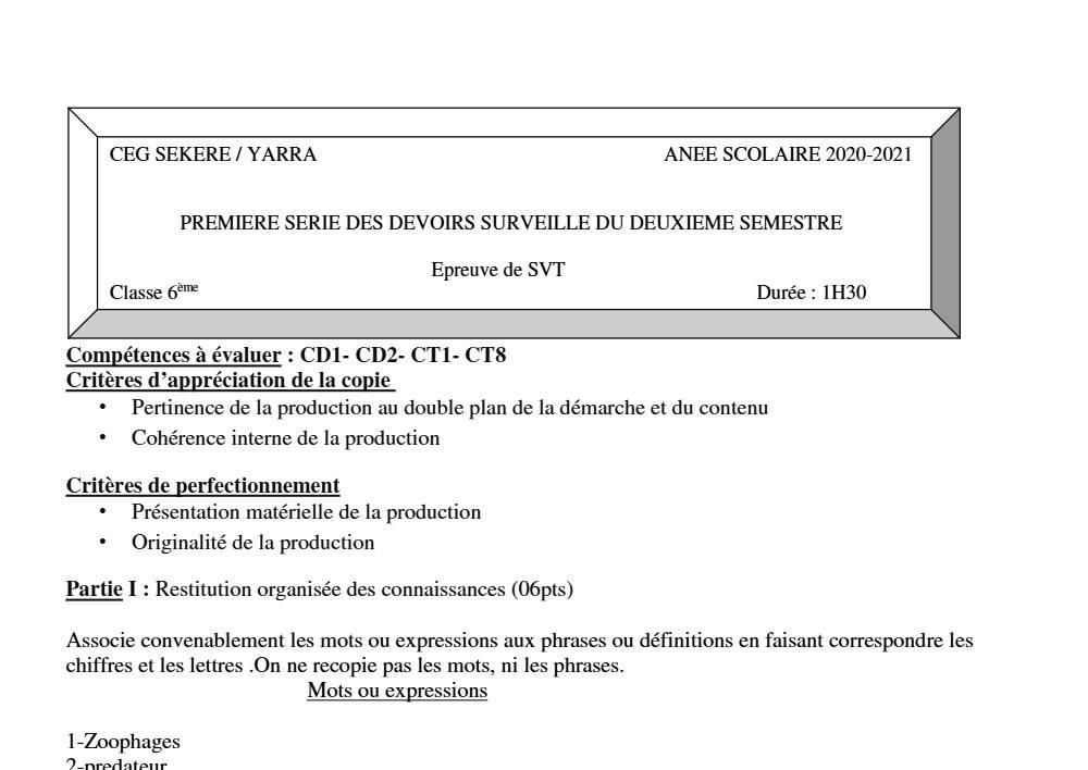 Aperçu de la première page — SVT 6e 1er Devoir 2ème Semestre CEG Sékéré 2020 2021