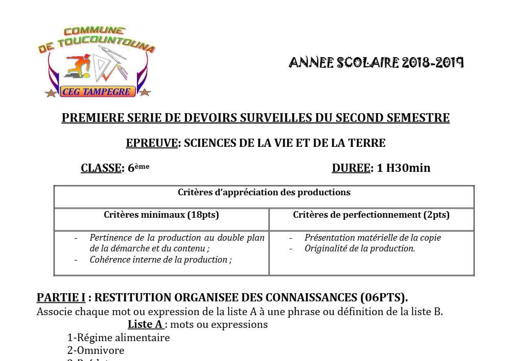 Aperçu de la première page — SVT 6e 1er Devoir 2ème Semestre CEG Tampegre 2018 2019