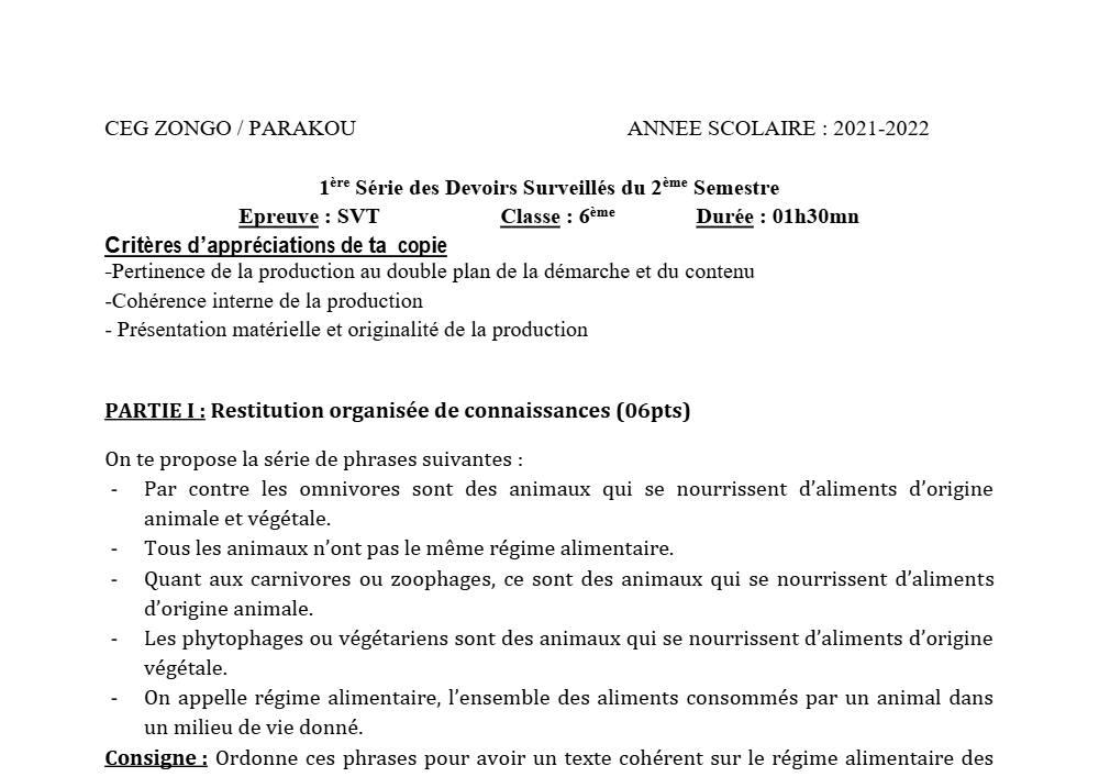 Aperçu de la première page — SVT 6e 1er Devoir 2ème Semestre CEG Zongo 2021 2022