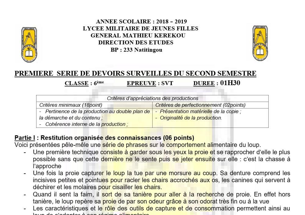 Aperçu de la première page — SVT 6e 1er Devoir 2ème Semestre Lmjf de Natitingou 2018 2019