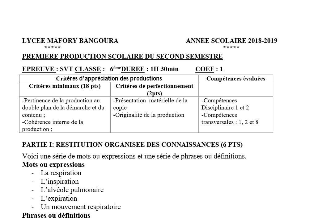 Aperçu de la première page — SVT 6e 1er Devoir 2ème Semestre Lycée Mafory Bangoura 2018 2019