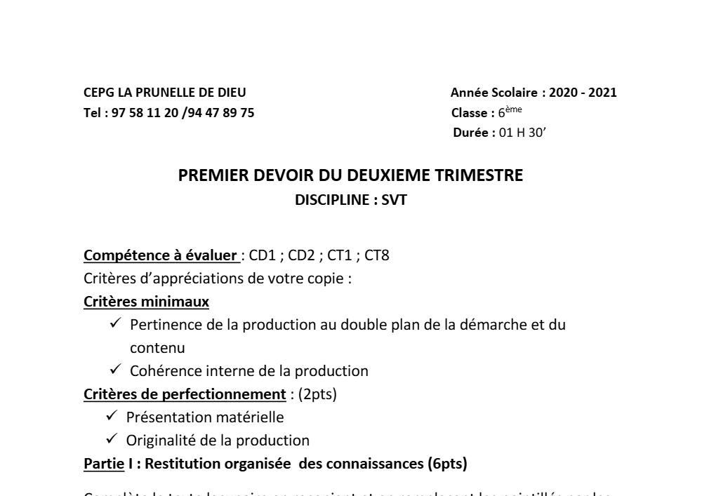 Aperçu de la première page — SVT 6e 1er Devoir 2ème Trimestre CPEG La Prunelle de Dieu 2020 2021