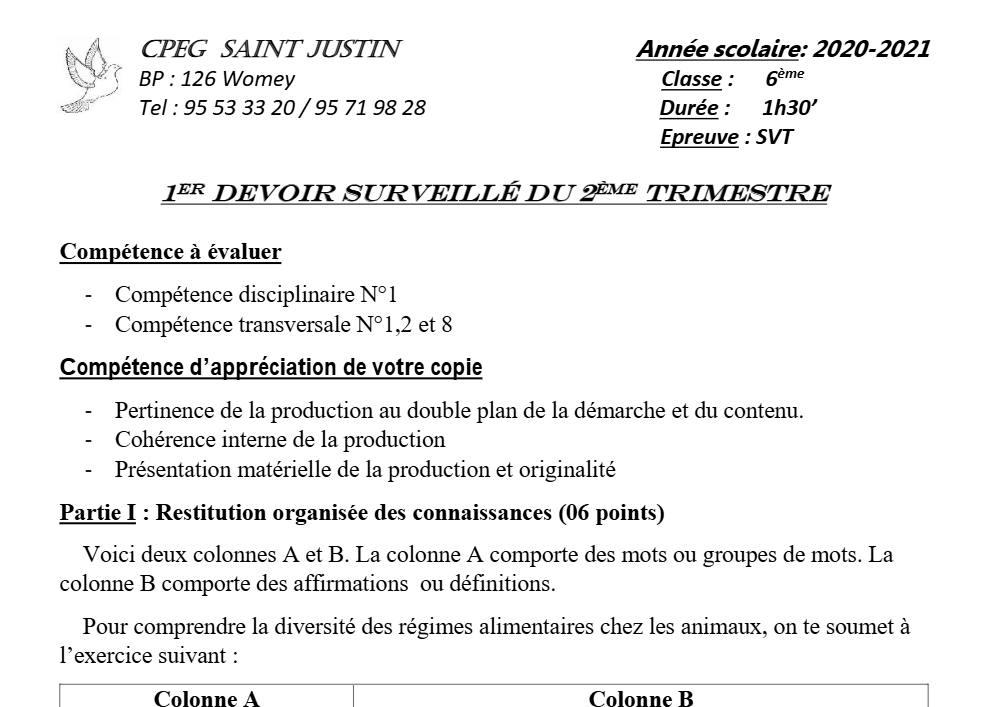 Aperçu de la première page — SVT 6e 1er Devoir 2ème Trimestre CPEG Saint Justin 2021