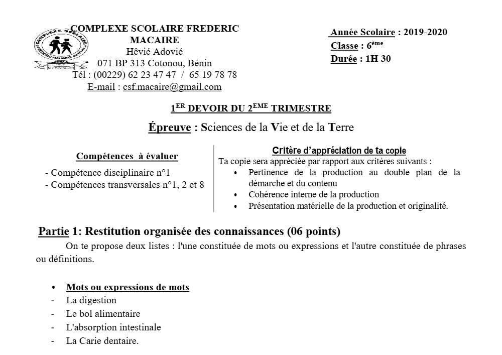 Aperçu de la première page — SVT 6e 1er Devoir 2ème Trimestre CS Frederic Macaire 2019 2020