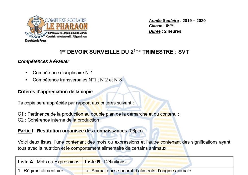 Aperçu de la première page — SVT 6e 1er Devoir 2ème Trimestre CS Le Pharaon 2019 2020