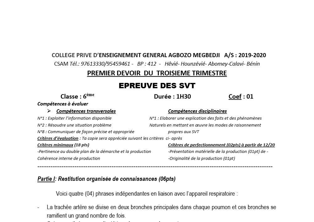 Aperçu de la première page — SVT 6e 1er Devoir 3ème Trimestre CPEG Agbozo Megbedji 2019 2020