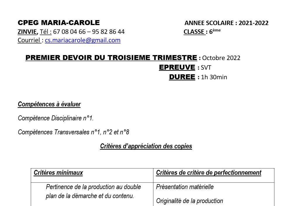 Aperçu de la première page — SVT 6e 1er Devoir 3ème Trimestre CPEG Maria Carole 2021 2022 (2)