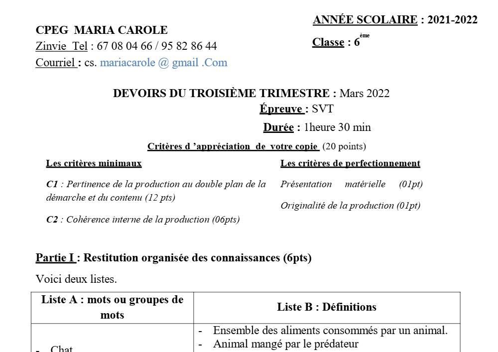 Aperçu de la première page — SVT 6e 1er Devoir 3ème Trimestre CPEG Maria Carole 2021 2022