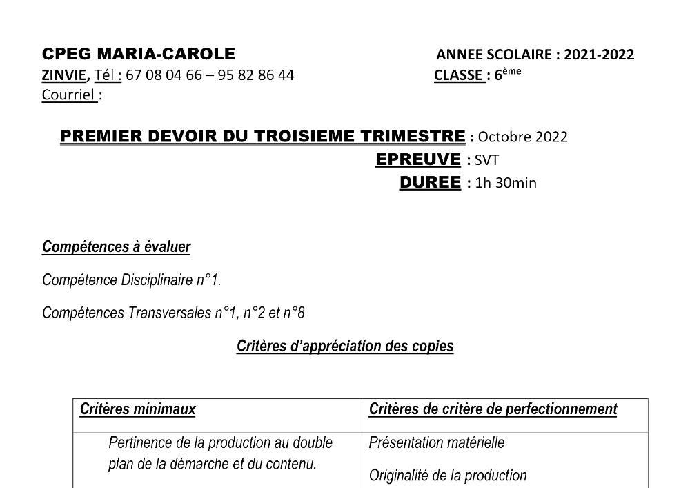 Aperçu de la première page — SVT 6e 1er Devoir 3ème Trimestre CPEG Maria Carole Benin 2021 2022
