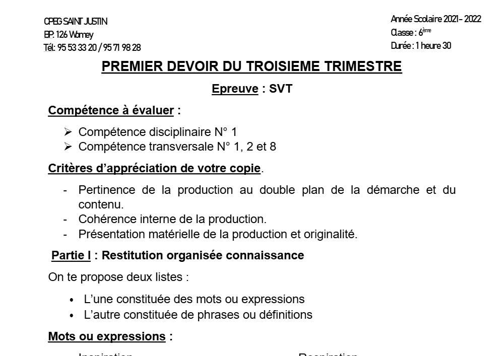 Aperçu de la première page — SVT 6e 1er Devoir 3ème Trimestre CPEG Saint Justin 2021 2022