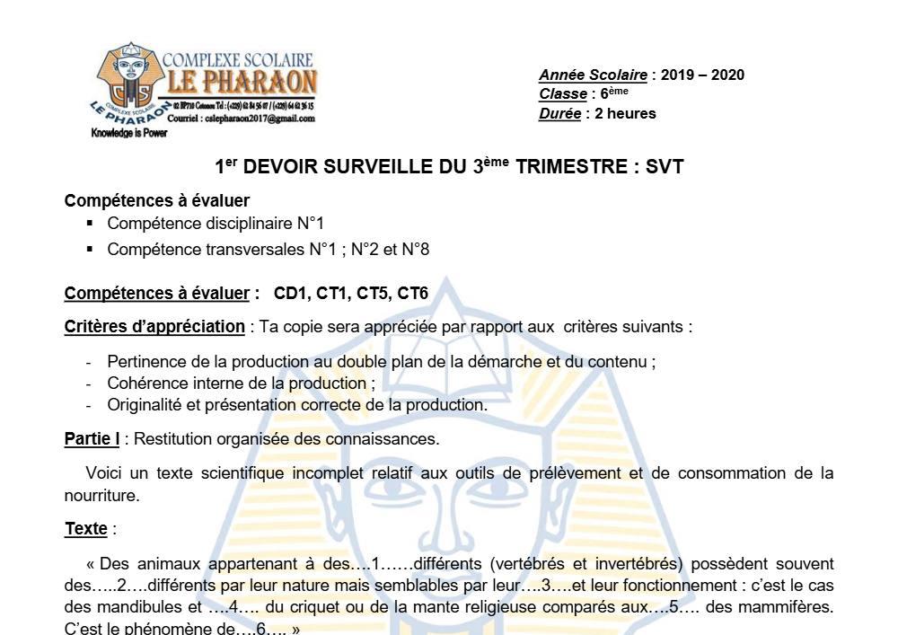 Aperçu de la première page — SVT 6e 1er Devoir 3ème Trimestre CS Le Pharaon 2019 2020