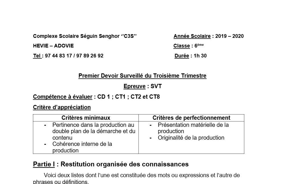 Aperçu de la première page — SVT 6e 1er Devoir 3ème Trimestre CS Séguin Senghor 2019 2020