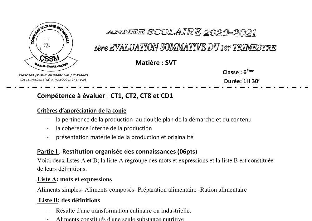 Aperçu de la première page — SVT 6e 1ère Évaluation 1er Trimestre CPEG Sainte Mireille 2020 2021