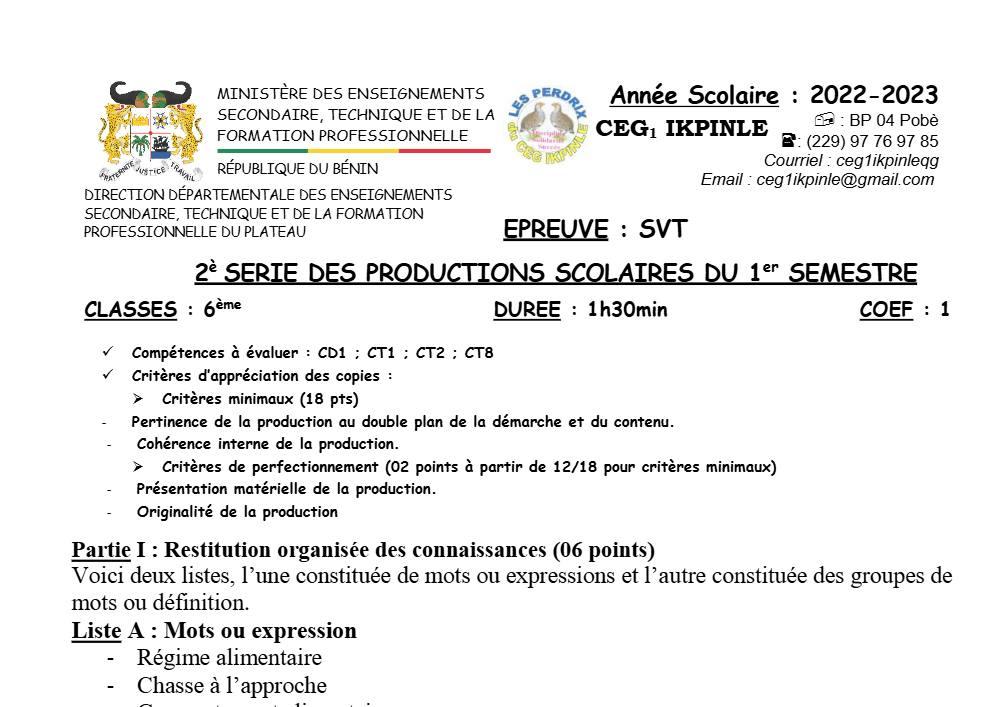 Aperçu de la première page — SVT 6e 2ème Devoir 1er Semestre 6eme, CEG 1 Ikpinlè 2022 2023