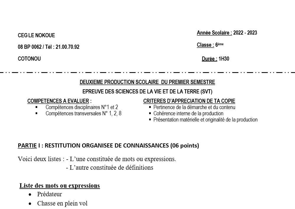 Aperçu de la première page — SVT 6e 2ème Devoir 1er Semestre 6eme, CEG Le Nokoué 2022 2023