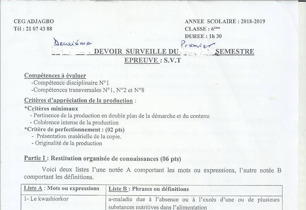 Aperçu de la première page — SVT 6e 2ème Devoir 1er Semestre CEG Adjagbo 2018 2019