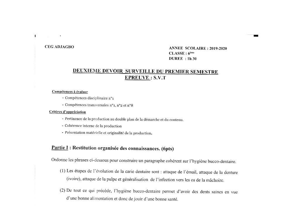 Aperçu de la première page — SVT 6e 2ème Devoir 1er Semestre CEG Adjagbo 2019 2020