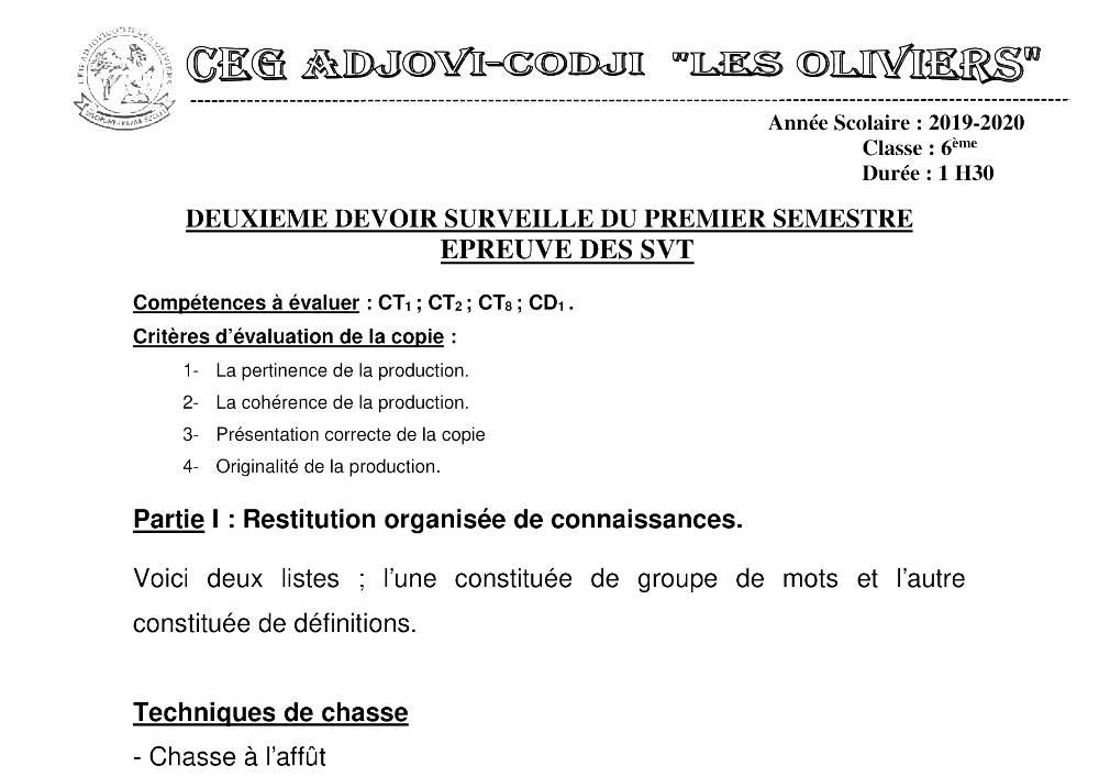 Aperçu de la première page — SVT 6e 2ème Devoir 1er Semestre CEG Adjovi Codji 2019 2020
