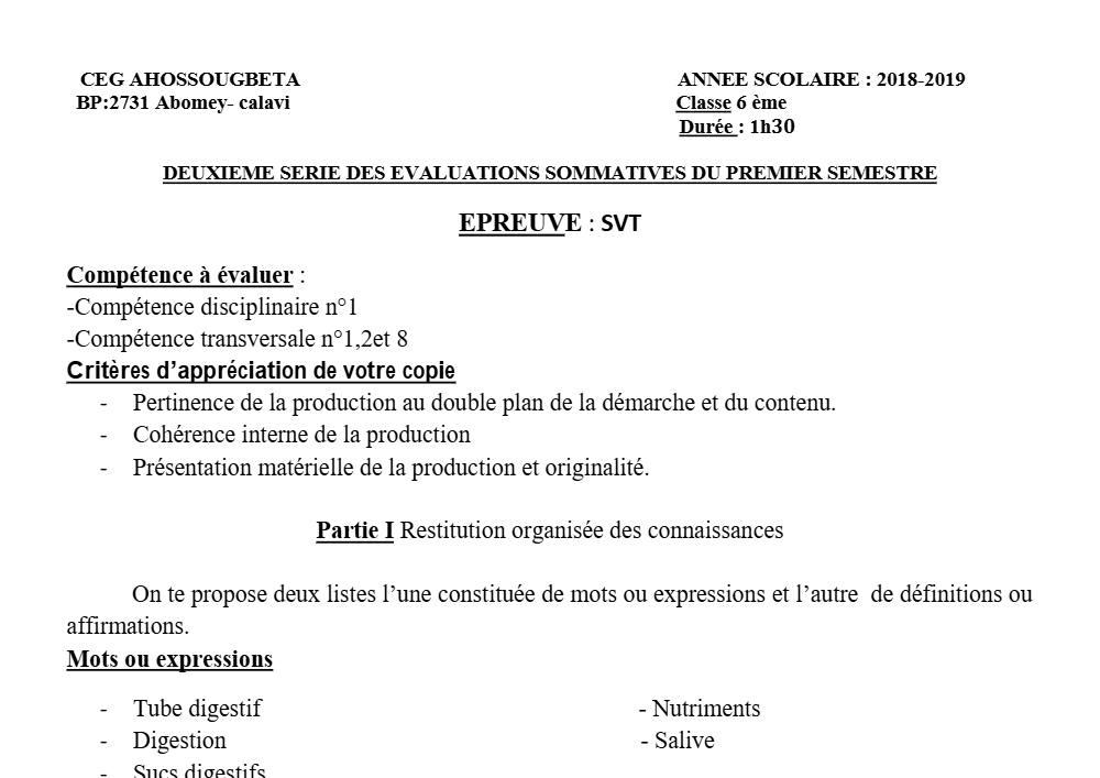 Aperçu de la première page — SVT 6e 2ème Devoir 1er Semestre CEG Ahossougbéta 2018 2019