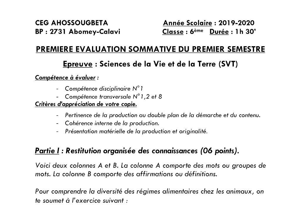 Aperçu de la première page — SVT 6e 2ème Devoir 1er Semestre CEG Ahossougbéta 2019 2020