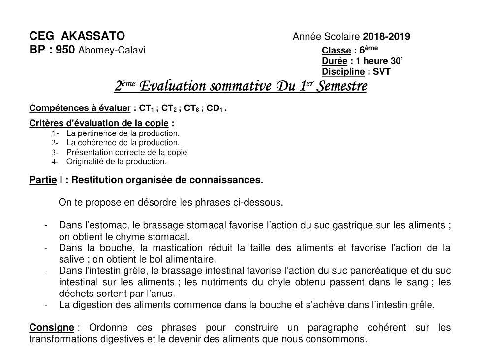 Aperçu de la première page — SVT 6e 2ème Devoir 1er Semestre CEG Akassato 2019 2020