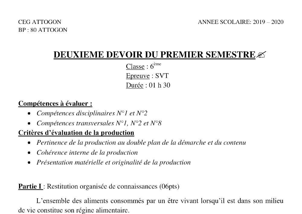 Aperçu de la première page — SVT 6e 2ème Devoir 1er Semestre CEG Attogon 2019 2020