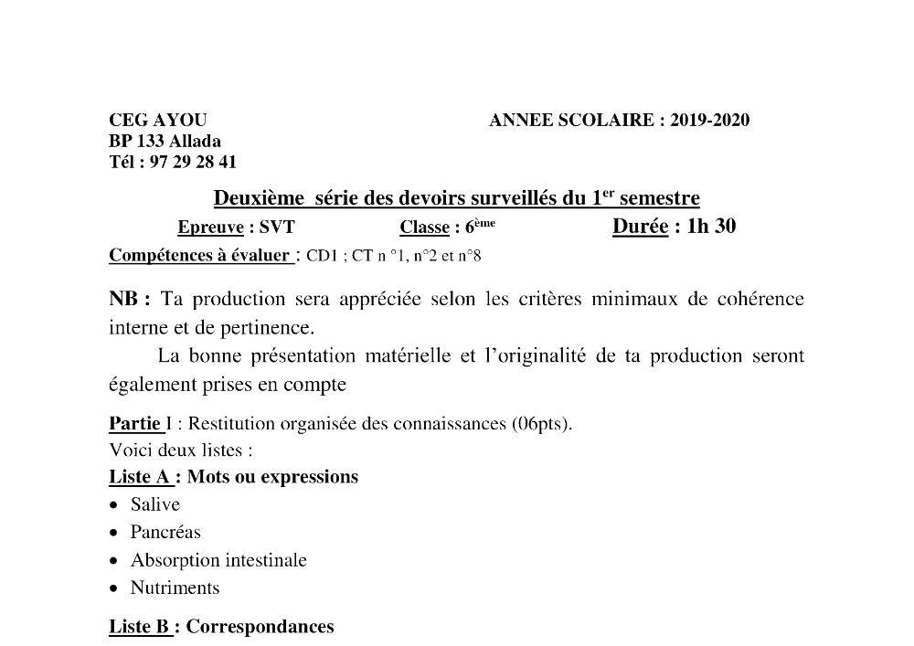 Aperçu de la première page — SVT 6e 2ème Devoir 1er Semestre CEG Ayou 2019 2020