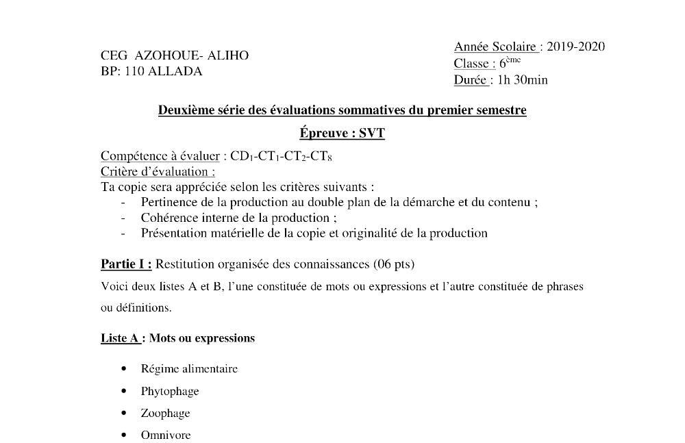 Aperçu de la première page — SVT 6e 2ème Devoir 1er Semestre CEG Azohoue Aliho 2019 2020