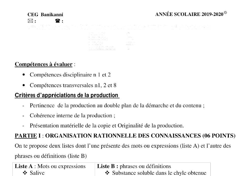 Aperçu de la première page — SVT 6e 2ème Devoir 1er Semestre CEG Banikanni 2019 2020