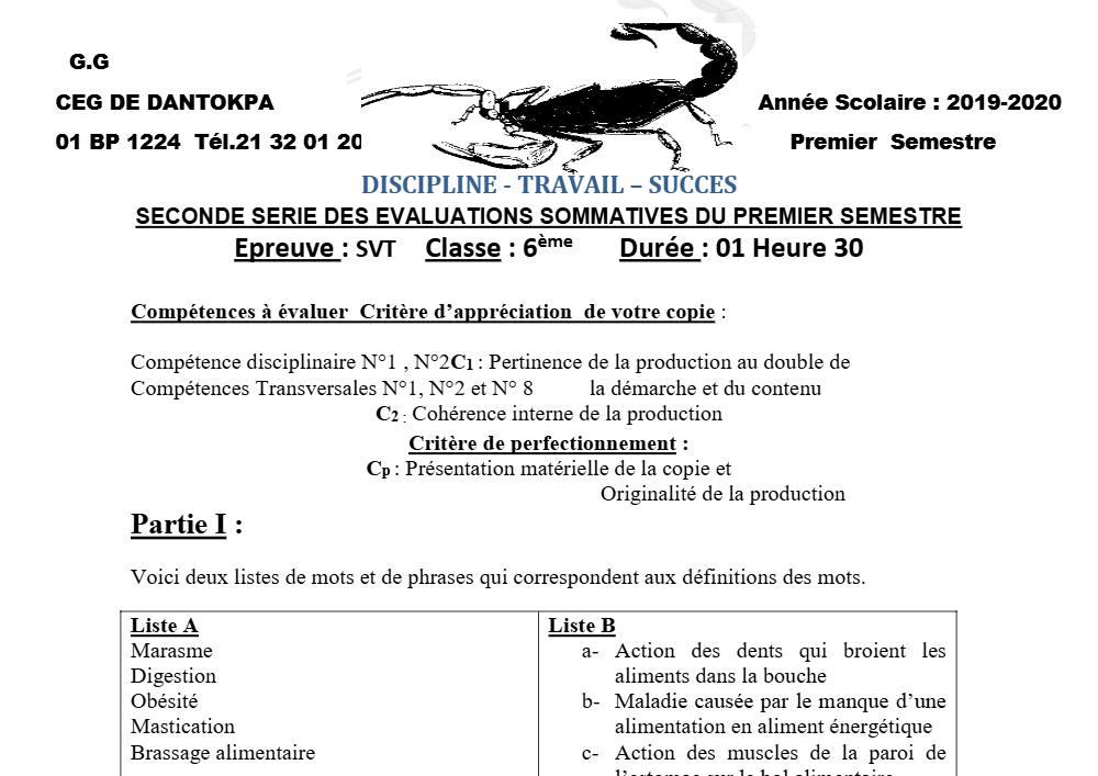 Aperçu de la première page — SVT 6e 2ème Devoir 1er Semestre CEG Dantokpa 2019 2020