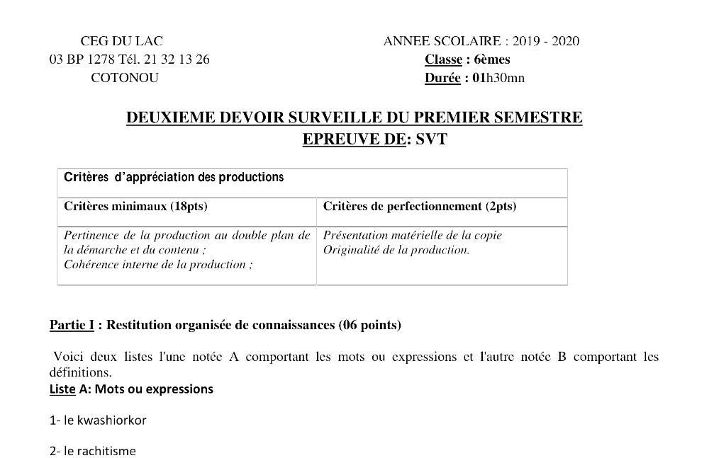 Aperçu de la première page — SVT 6e 2ème Devoir 1er Semestre CEG du Lac 2019 2020