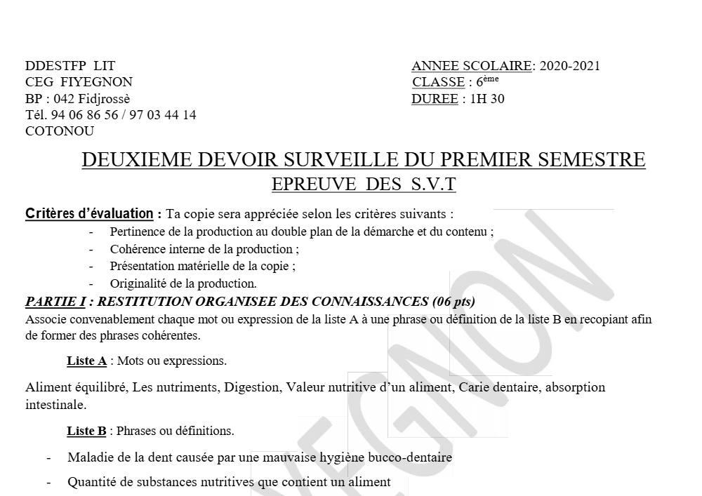 Aperçu de la première page — SVT 6e 2ème Devoir 1er Semestre CEG Fiyegnon 2020 2021