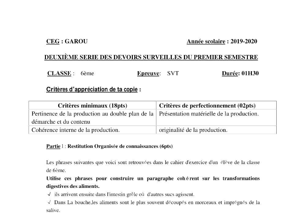 Aperçu de la première page — SVT 6e 2ème Devoir 1er Semestre CEG Garou 2019 2020