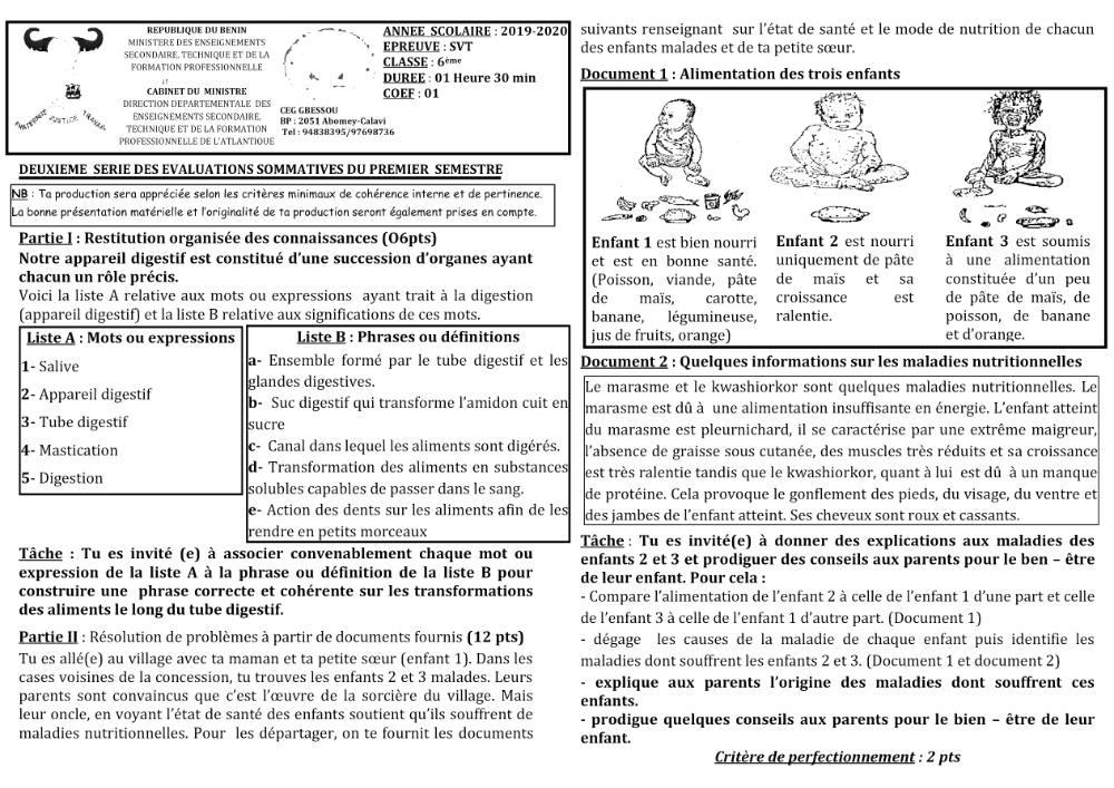 Aperçu de la première page — SVT 6e 2ème Devoir 1er Semestre CEG Gbessou 2019 2020