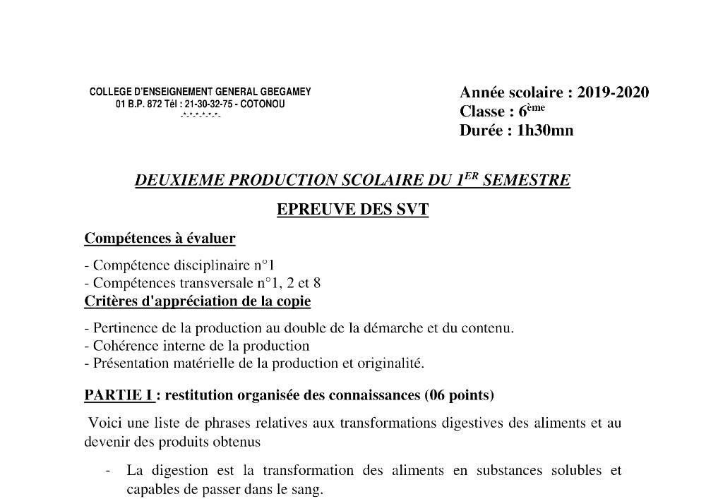 Aperçu de la première page — SVT 6e 2ème Devoir 1er Semestre CEG Gbégamey 2019 2020