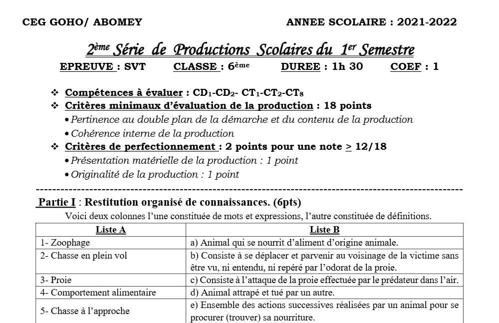 Aperçu de la première page — SVT 6e 2ème Devoir 1er Semestre CEG Goho 2021 2022