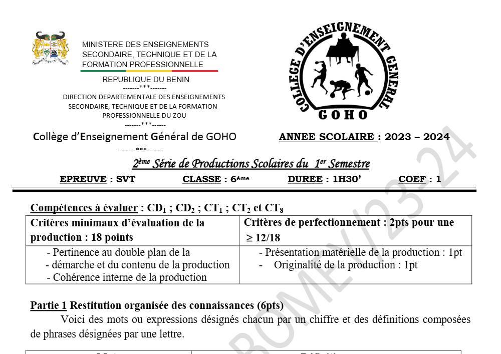 Aperçu de la première page — SVT 6e 2ème Devoir 1er Semestre CEG Goho Abomey 2023 2024