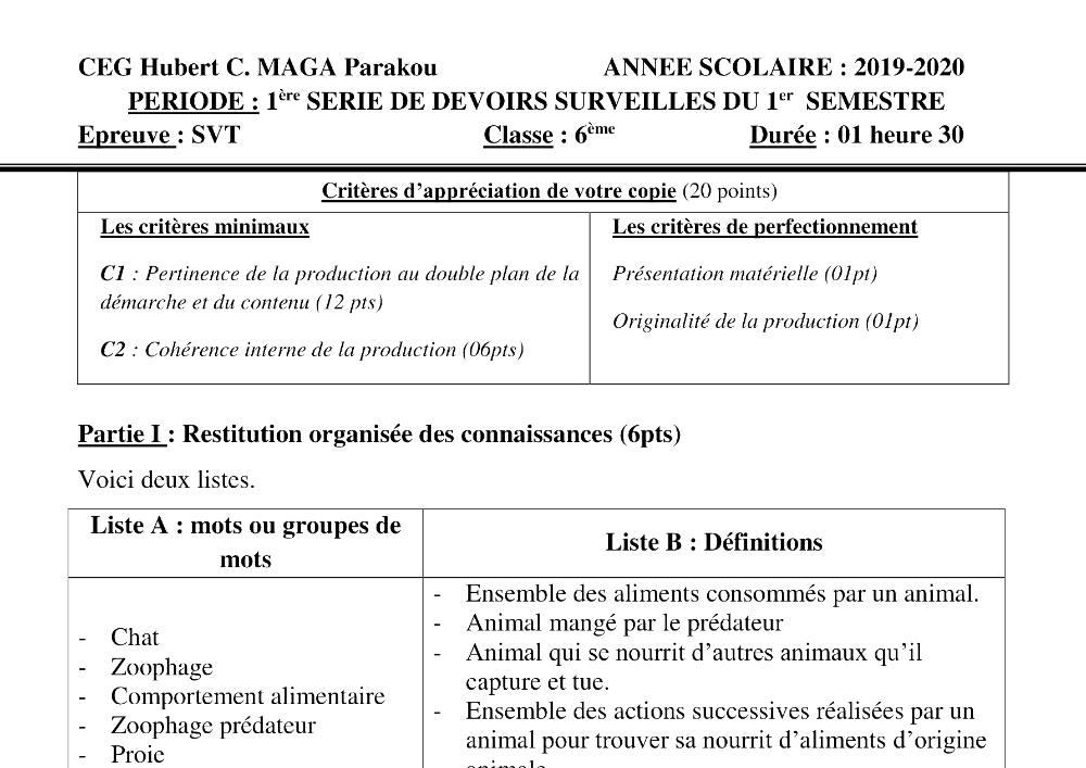 Aperçu de la première page — SVT 6e 2ème Devoir 1er Semestre CEG Hubert C Maga 2019 2020