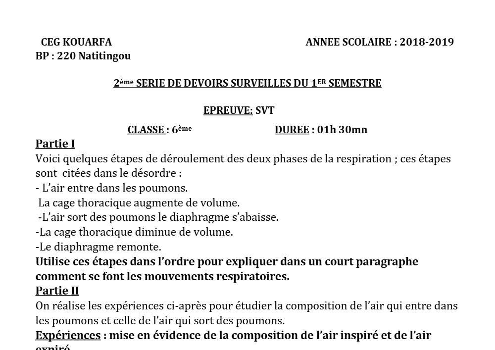 Aperçu de la première page — SVT 6e 2ème Devoir 1er Semestre CEG Kouarfa 2018 2019