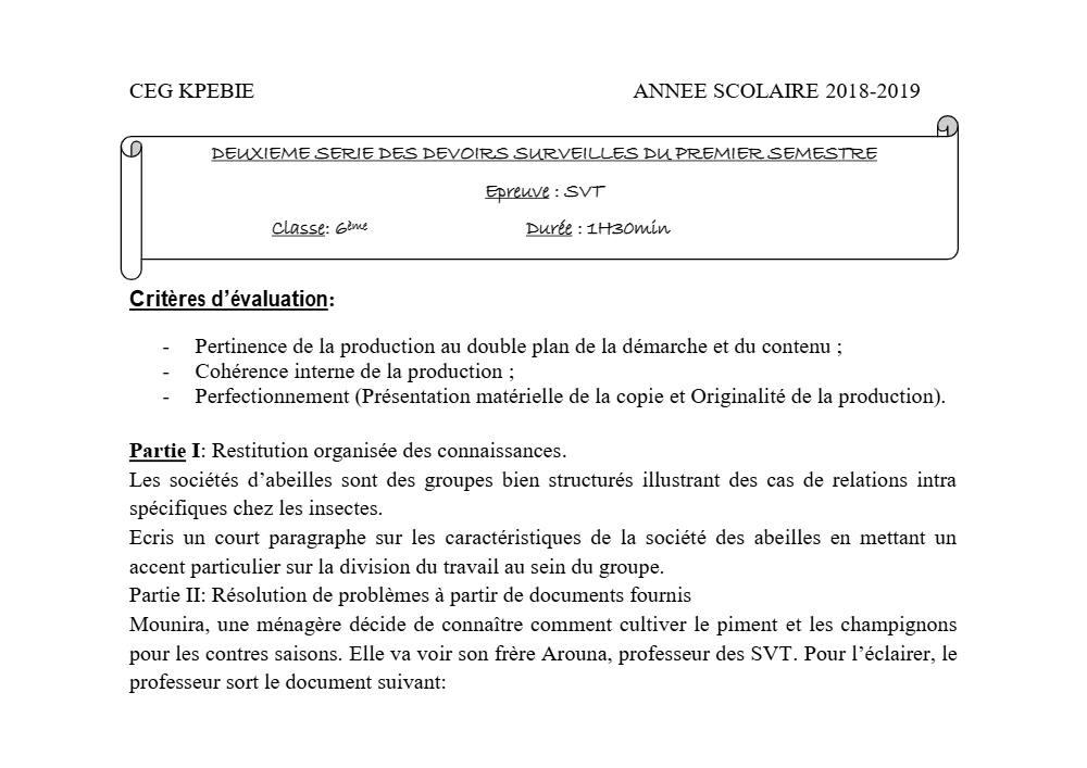 Aperçu de la première page — SVT 6e 2ème Devoir 1er Semestre CEG Kpebie 2018 2019