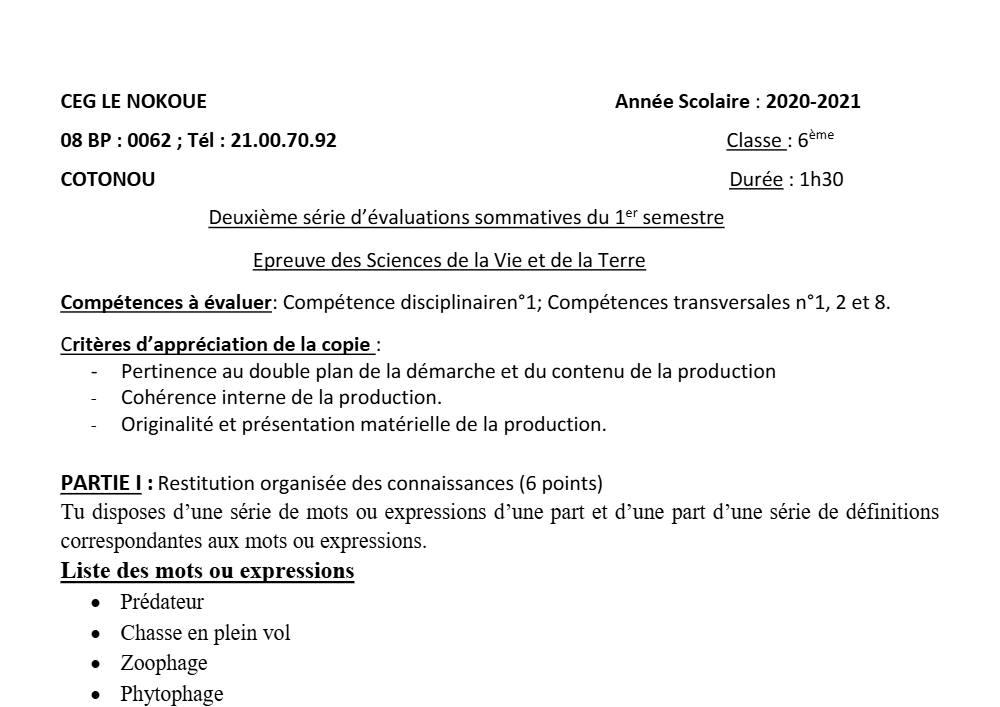 Aperçu de la première page — SVT 6e 2ème Devoir 1er Semestre CEG Le Nokoué 2020 2021
