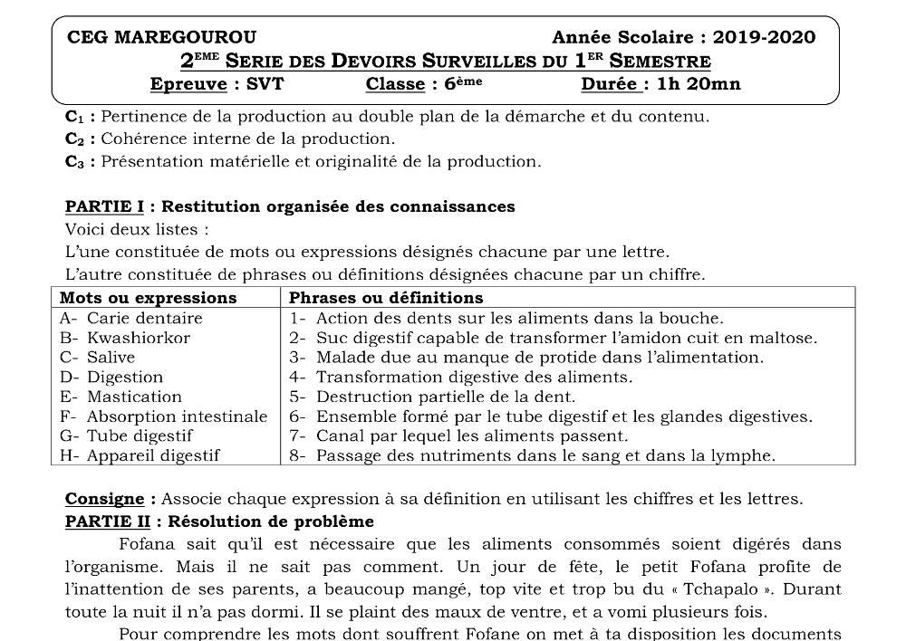 Aperçu de la première page — SVT 6e 2ème Devoir 1er Semestre CEG Meregourou 2019 2020