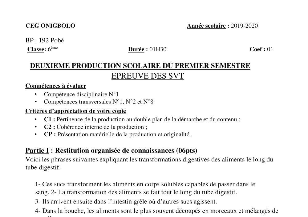 Aperçu de la première page — SVT 6e 2ème Devoir 1er Semestre CEG Onigbolo 2019 2020