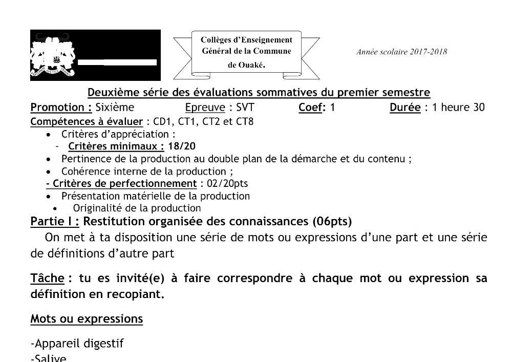 Aperçu de la première page — SVT 6e 2ème Devoir 1er Semestre CEG Ouake 2017 2018