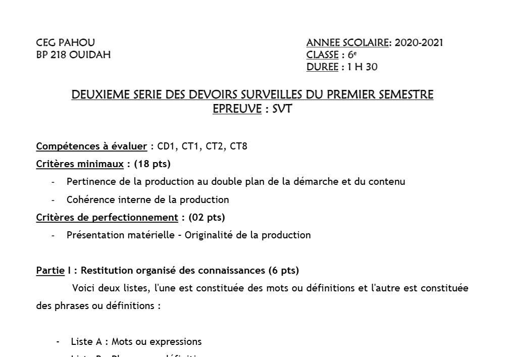 Aperçu de la première page — SVT 6e 2ème Devoir 1er Semestre CEG Pahou 2020 2021