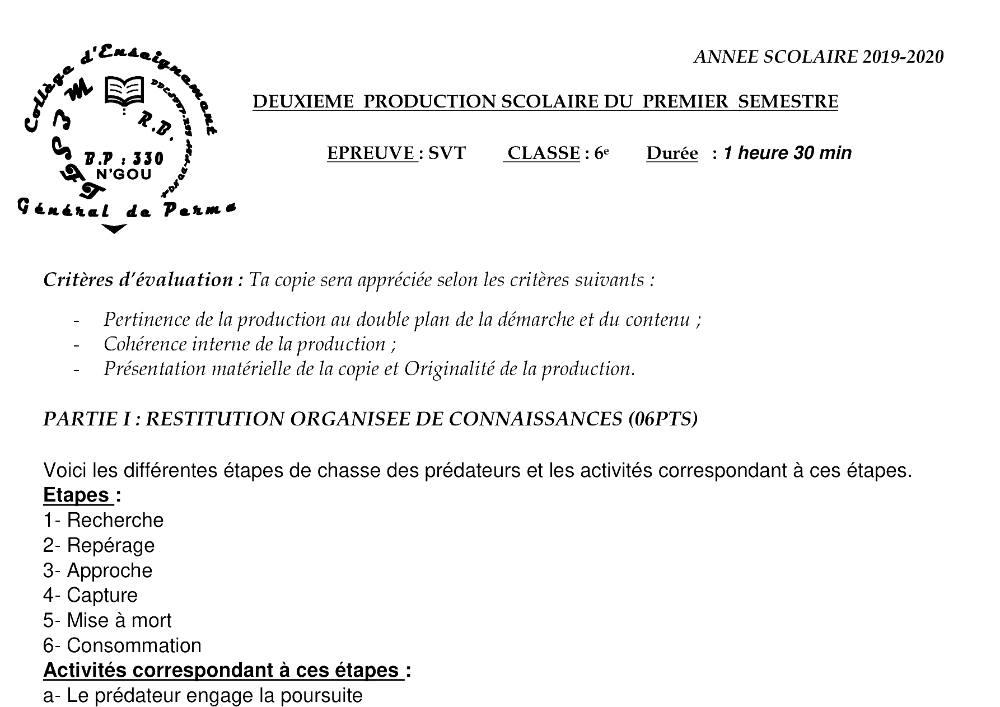 Aperçu de la première page — SVT 6e 2ème Devoir 1er Semestre CEG Perma 2019 2020