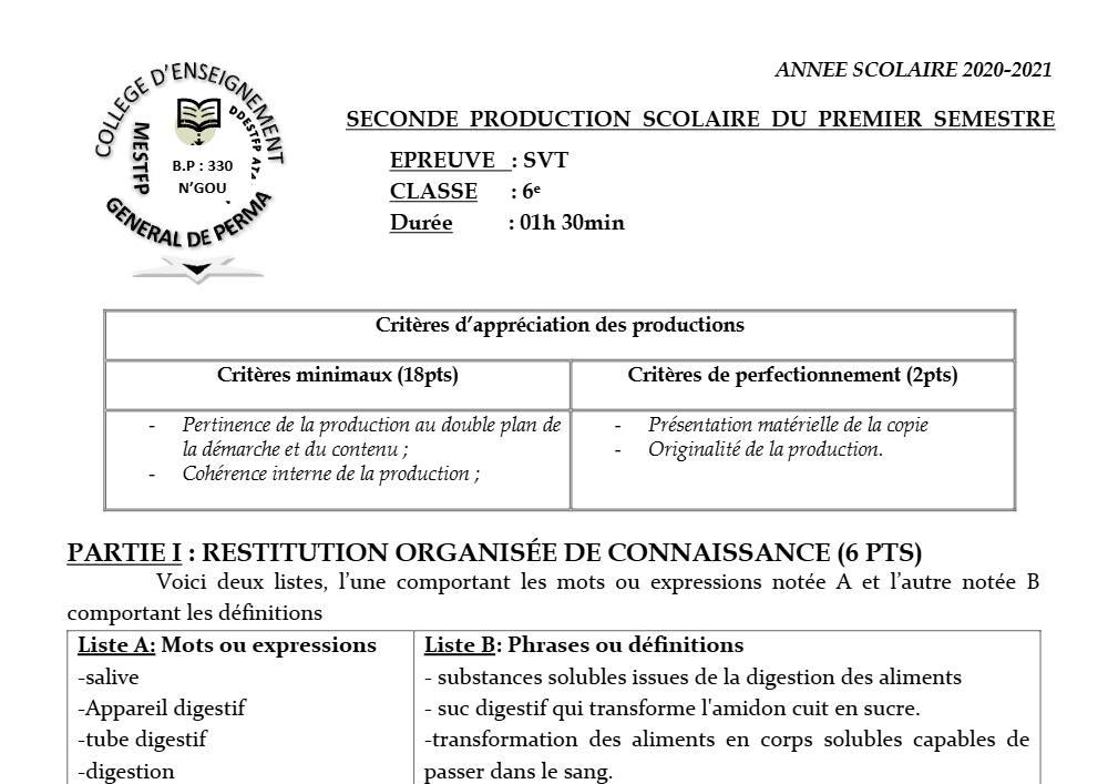Aperçu de la première page — SVT 6e 2ème Devoir 1er Semestre CEG Perma 2020 2021